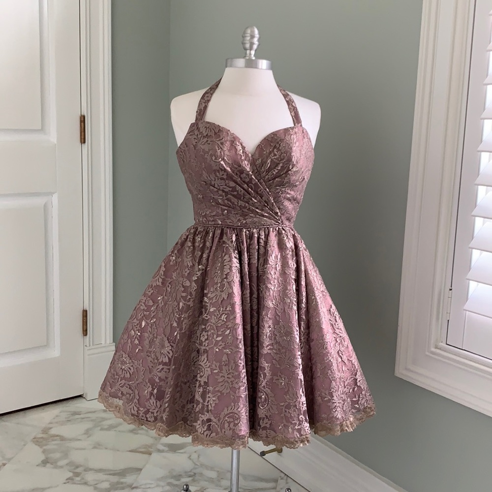 Sherri Hill Mauve Lace Halter Fit-and-Flare Cocktail Dress